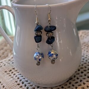 Hand Crafted Blue and Silver Floral Earrings